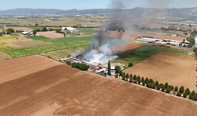 Hayvan çiftliğindeki büyük yangın havadan görüntülendi