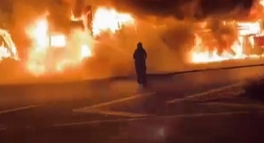 Çamaşır makinesi yüklü tır alev topuna döndü