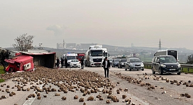 Bursa'da şeker pancarı yüklü tır devrildi: 1'i ağır 5 yaralı